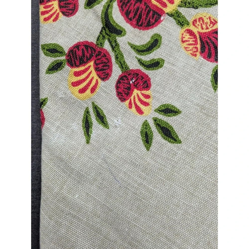 Vtg Tan Linen Stamped Floral Tablecloth Oval Red Crochet Trim Granny Core Boho